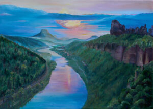 Panorama über das Elbtal bei Sonnenuntergang – Landschaftsgemälde von Yvonne Brückner, Künstlerin aus der Sächsischen Schweiz