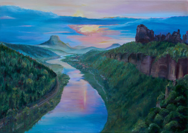 Panorama über das Elbtal bei Sonnenuntergang – Landschaftsgemälde von Yvonne Brückner, Künstlerin aus der Sächsischen Schweiz