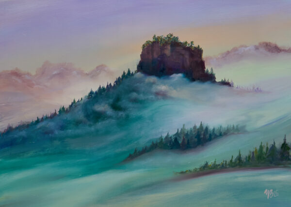 Kleiner Tafelberg im Nebel bei Sonnenaufgang im Elbsandsteingebirge – Ölgemälde von Yvonne Brückner, Künstlerin aus der Sächsischen Schweiz