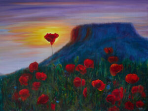 Klatschmohnfeld bei Abendsonne vor Lilienstein – Ölbild von Yvonne Brückner, Künstlerin aus der Sächsischen Schweiz