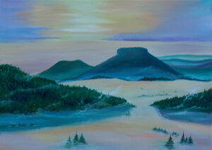 Lilienstein im Hintergrund, im Vordergrund Nebel und Wälder, Ölgemälde von Yvonne Brückner, Künstlerin aus der Sächsischen Schweiz