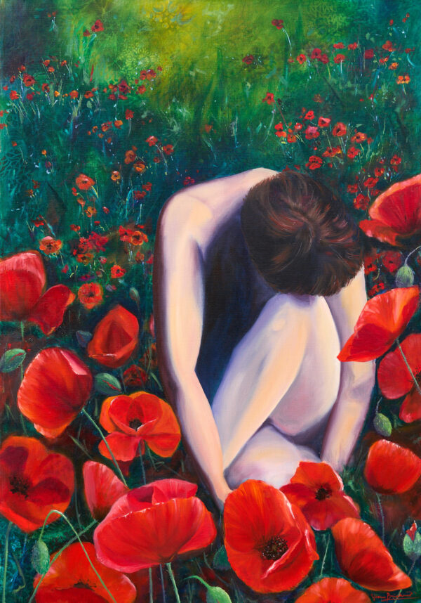 Ölgemälde einer sitzenden Person mit gesenktem Kopf, ihre Arme umschlingen Beine. Sie sitzt in einem Mohnblumenfeld.