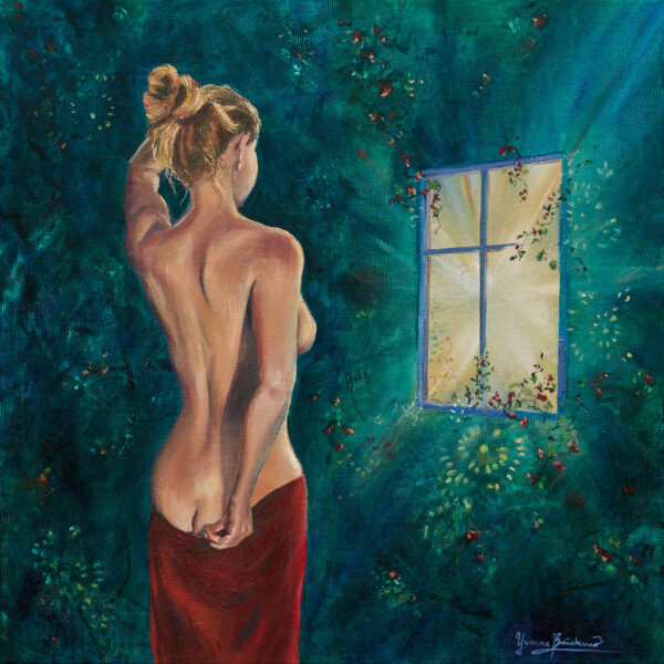 Gemälde einer Frau von hinten, die auf ein Fenster mit Blumen blickt. Ölbild von Yvonne Brückner