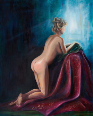 Rückansicht einer knienden Frau vor Lichtquelle – Öl auf Leinwand von Künstlerin Yvonne Brückner aus der Sächsischen Schweiz