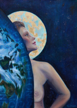 Gemälde einer Person vor einer stilisierten Erde und einem großen Mond im Hintergrund. Künstler: Yvonne Brückner Sächsische Schweiz