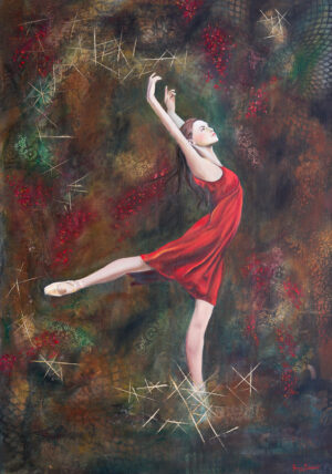 Gemälde einer Tänzerin in rotem Kleid, die unter funkelnden Lichtern tanzt. Kunst von Yvonne Brückner