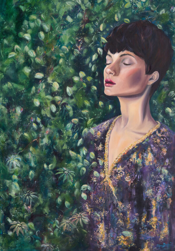 Gemälde einer Frau mit geschlossenen Augen vor einem dichten Blätterhintergrund. Gemälde von Künstlerin Yvonne Brückner Sächsische Schweiz