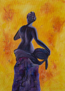 Gemälde einer sitzenden, nackten Frau von hinten auf einem violetten Felsen, gelber Hintergrund.