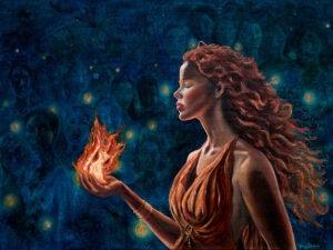 Frau mit roten Haaren hält eine Flamme, umgeben von Gesichtern im blauen Hintergrund.