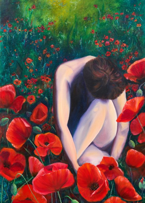 Ölgemälde einer sitzenden Person mit gesenktem Kopf, ihre Arme umschlingen Beine. Sie sitzt in einem Mohnblumenfeld.
